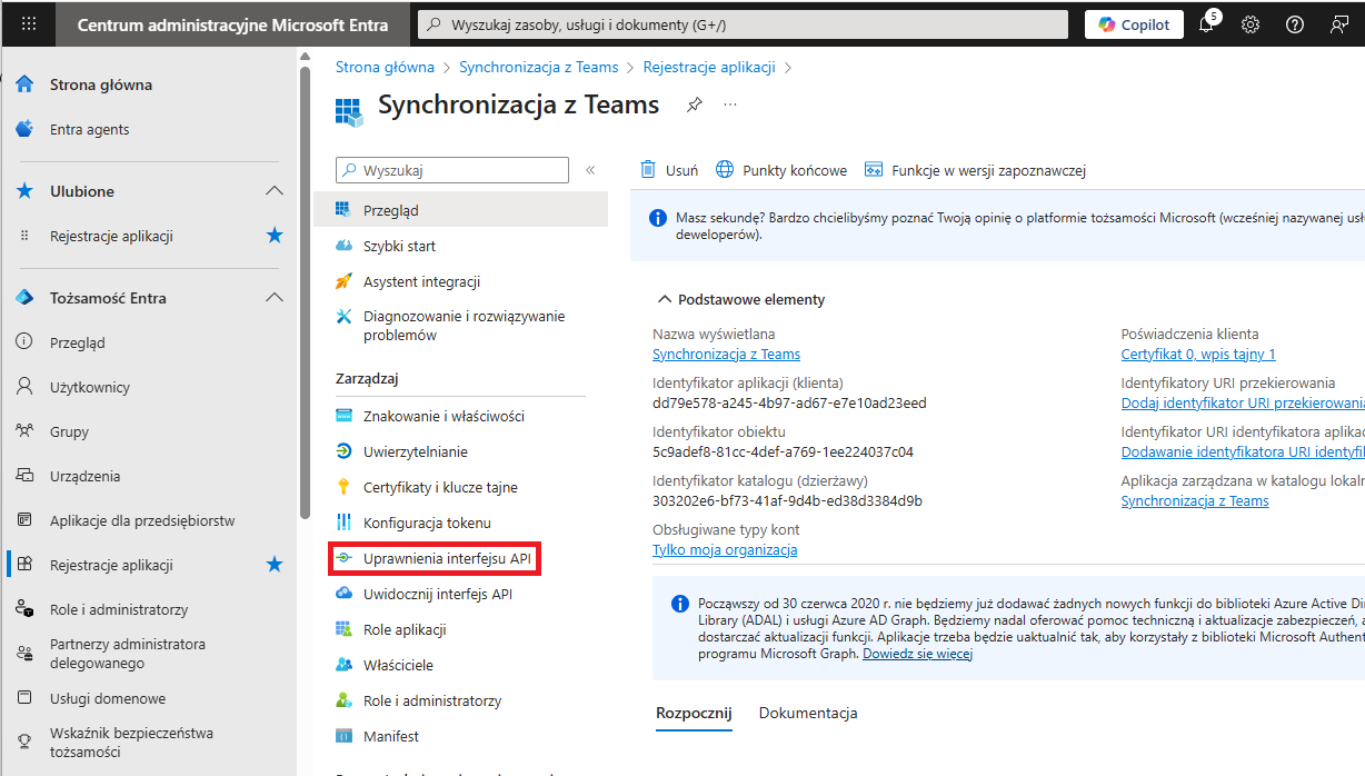 Ustawienia interfejsu API Microsoft Entra